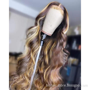 13X4 Highlight Wave 4-27 Color Front Lace Wig Real Human Hair Brazilian Lace Front Real Human Hair Wig, 150% Density
